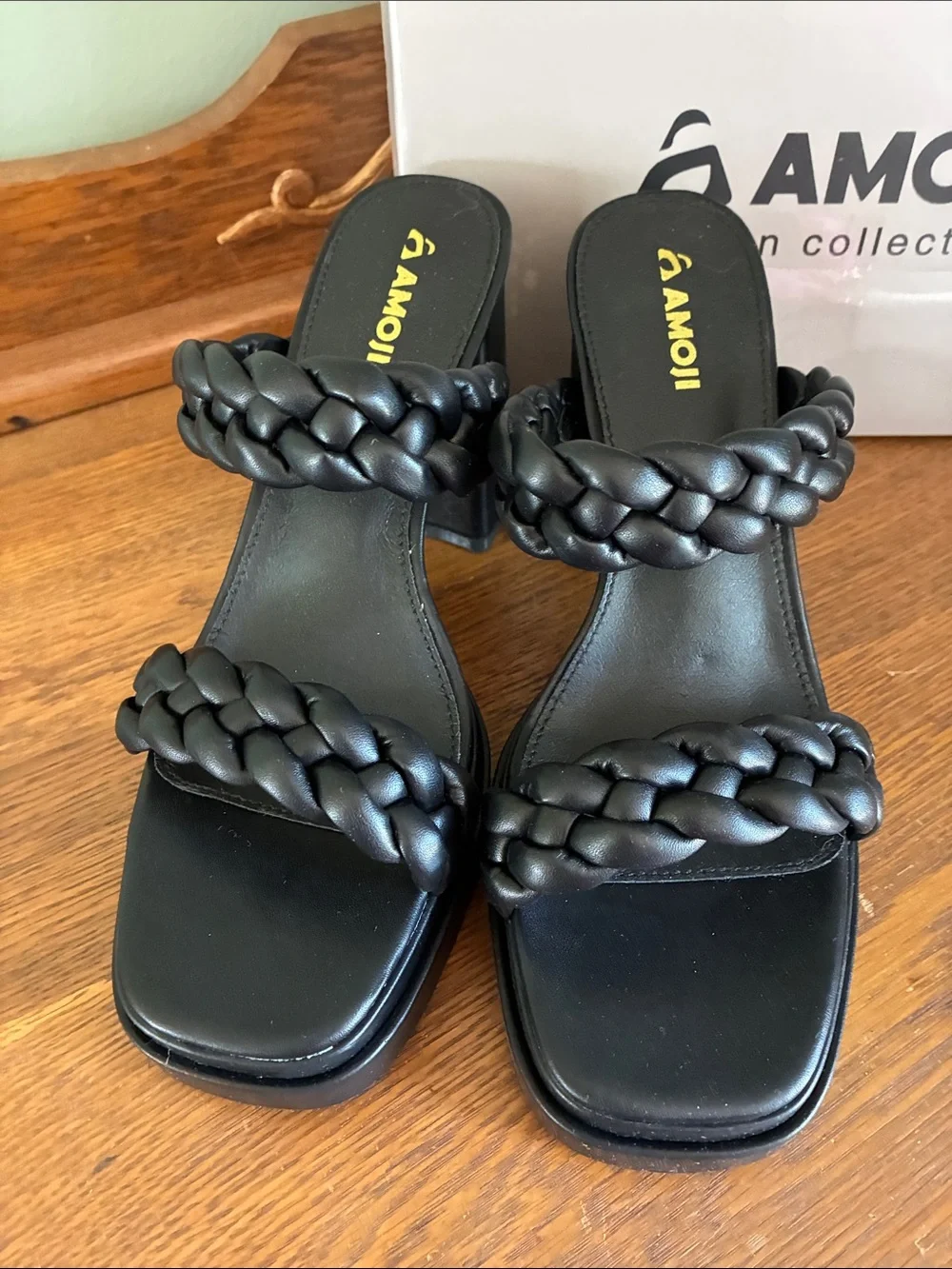 Braided Strap Black Platform Block Heels for Women